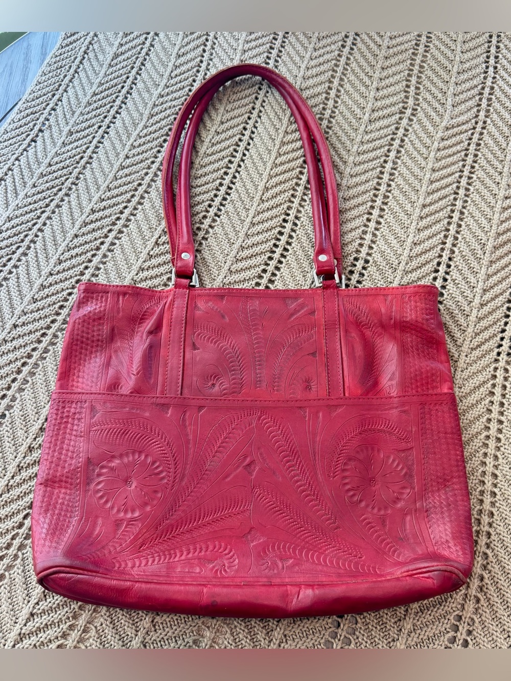 Vintage Red Tooled Leather Tote Bag Floral Western Handbag‎